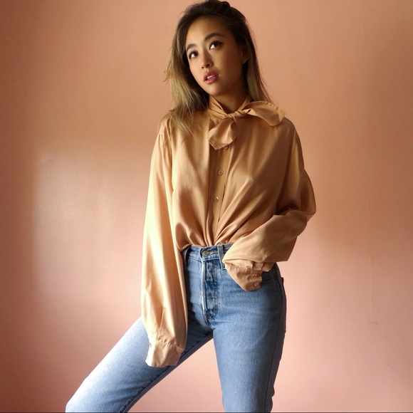 Vintage Tops - Vintage Peach Silk Neck Tie Blouse